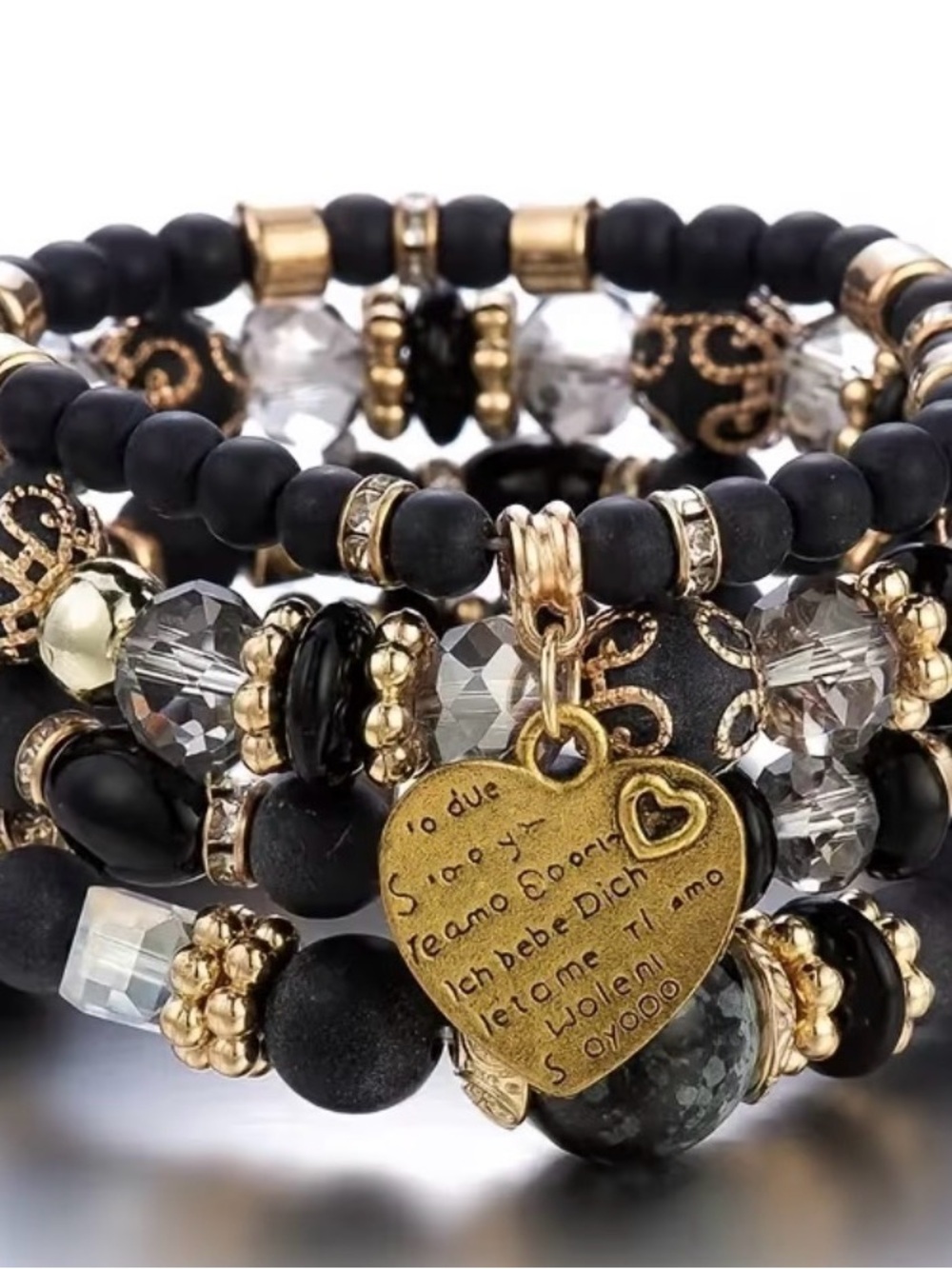 4pcs  Beaded Heart Charm Bracelet Stack -black